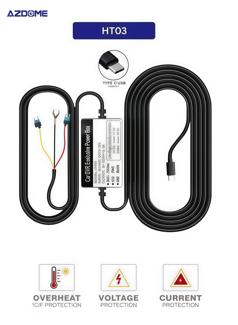 أزدوم طقم أسلاك HT03، منفذ من النوع C، لـ M300S/ M550 Pro/ M550 MAX/ M560/ M580، كابل 12 قدم مع مصهر، شاشة وقوف السيارات على مدار 24 ساعة، مصدر طاقة كاميرا لوحة القيادة من 12 فولت إلى 24 فولت إلى 5 فولت/2.5 أمبير - Image 1